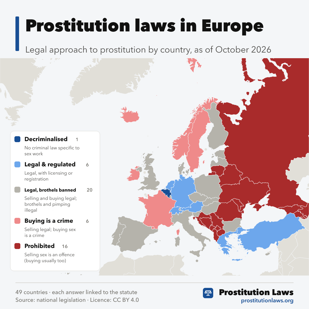 Map of Europe coloured by legal approach to prostitution