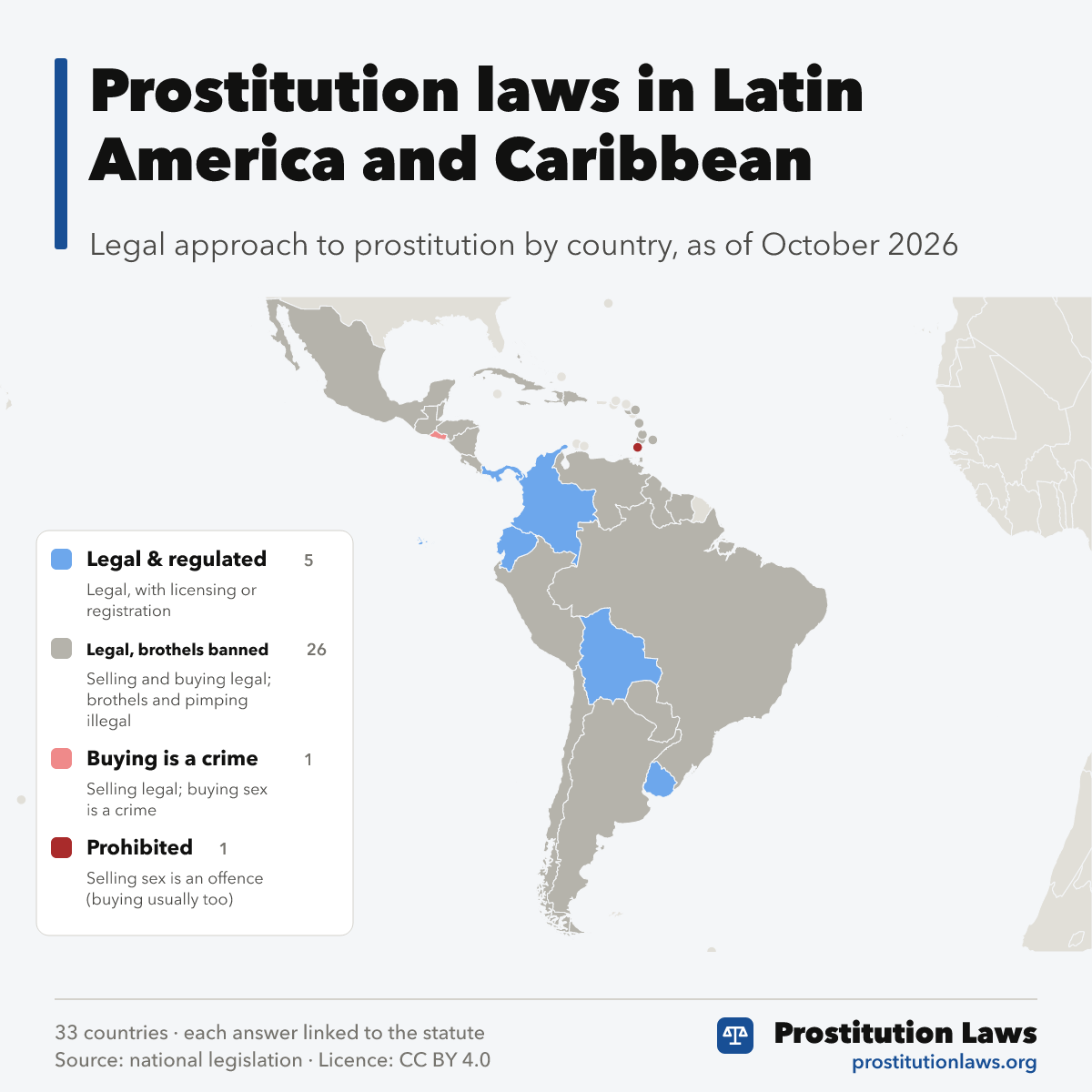 Map of Latin America & Caribbean coloured by legal approach to prostitution