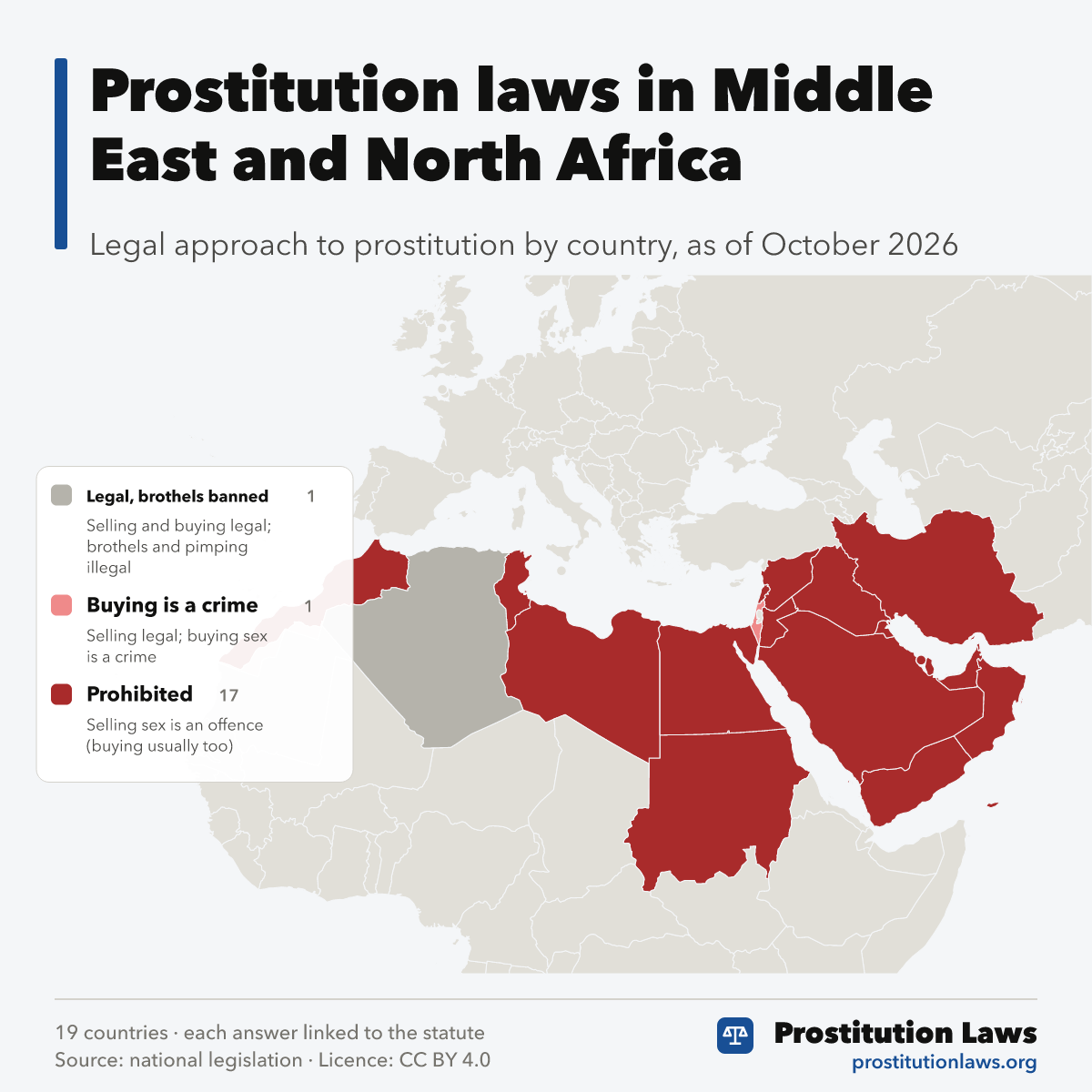 Map of Middle East & North Africa coloured by legal approach to prostitution