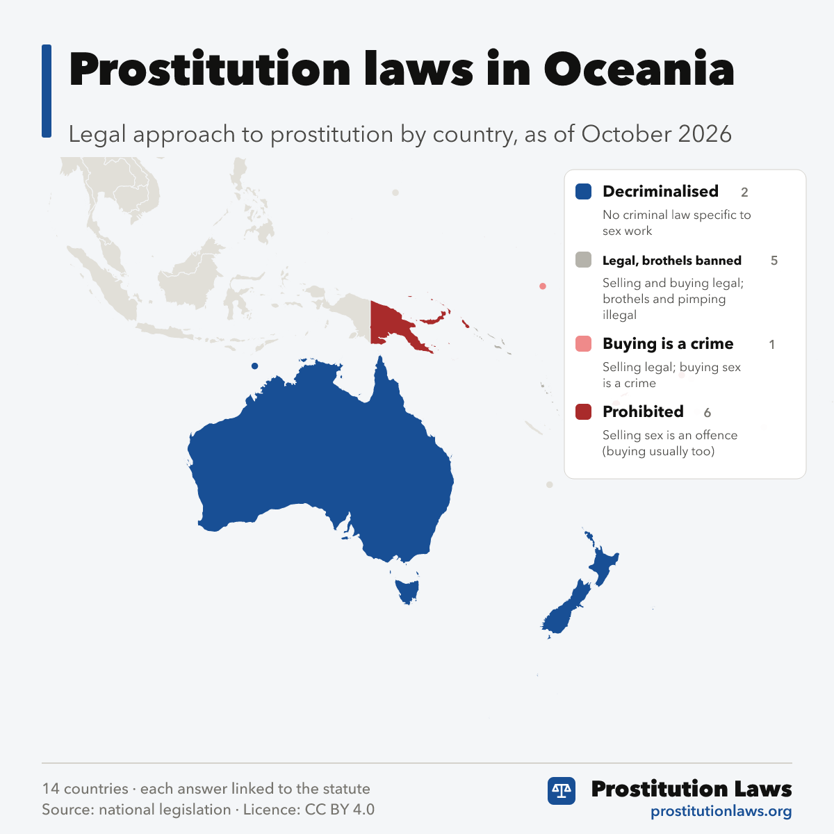 Map of Oceania coloured by legal approach to prostitution